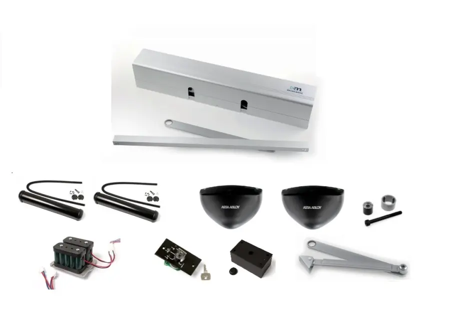 SET12, Pohon SW 150 Push/Pull vč. příslušenství (pohon, EXU-SI, EXU-SA, stříbrné rámenko PUSH nebo PULL, osové prodloužení 20 mm, montážní deska, spínač PS-4C,