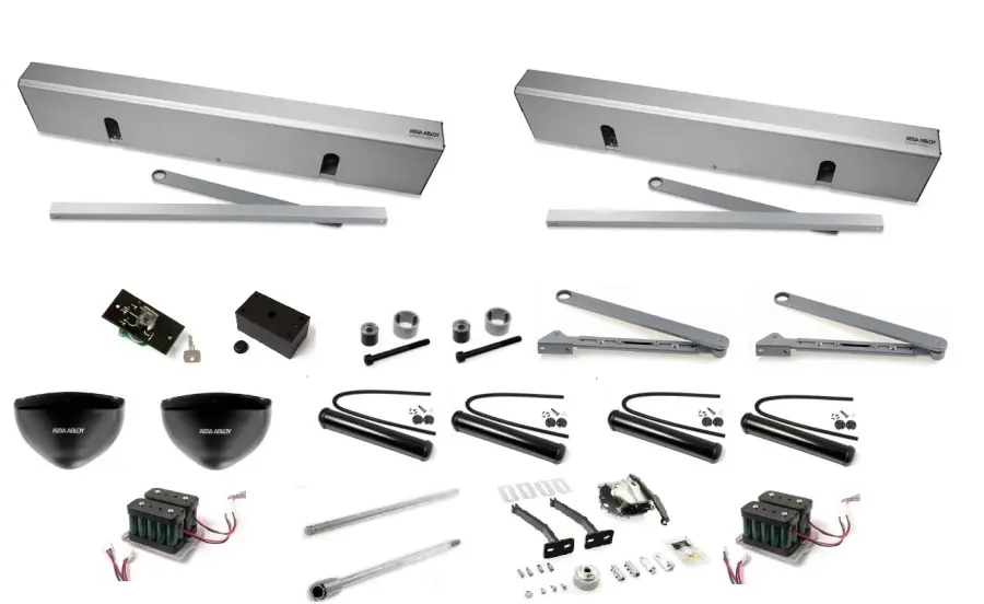 SET5, 2x Pohon SW 300 Push/Pull vč. příslušenství na obou křídlech (pohon, kryt pro dvoukřídlé dveře, EXU-SI, EXU-SA, stříbrné rámenko PUSH nebo PULL, osové pro